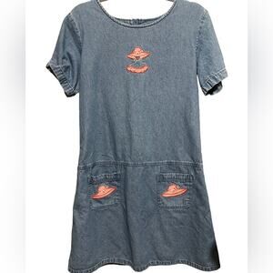 Blue J Denim Dress Women's Size PL Mini Checked Embroidered Woman Hat Pockets L